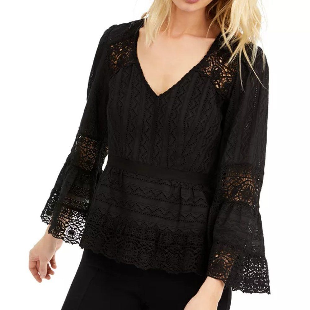 Nanette Lepore Hideaway Crochet-Lace Cotton Top size 2 in Black.  New with tag!